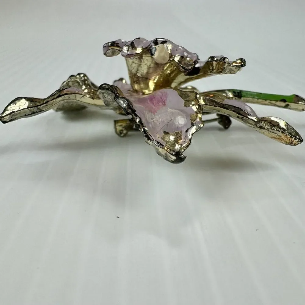 Vintage Floral Pink Purple Flower Orchid Painted Enamel Brooch Lightweight